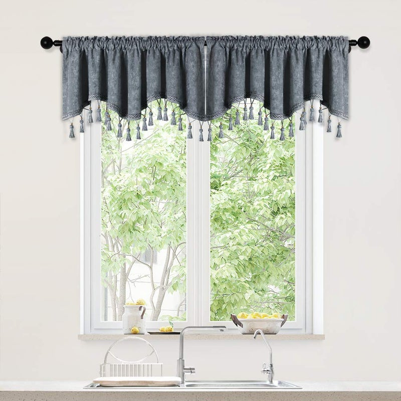 ELKCA DoubleSided Chenille Window Curtains Tier for Kitchen Grey Scalloped Valance for Living RoomPack of 2Grey52 W x 18 L