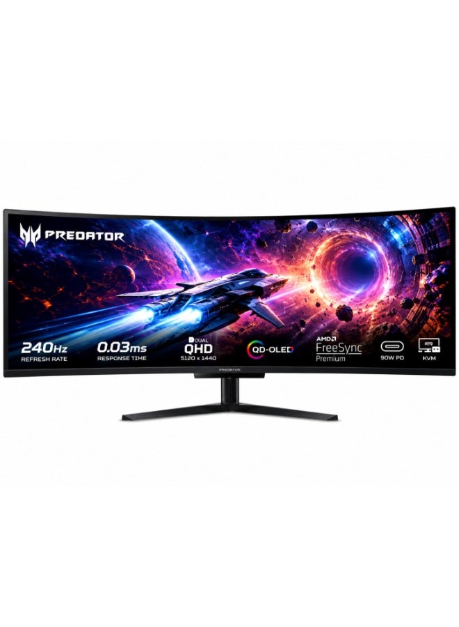 Acer 49 inch Predator X49X Curved QD-OLED Gaming Monitor | Dual QHD (5120x1440), 240Hz, 0.03ms, FreeSync Premium, KVM, USB-C 90W PD | UM.SXXEE.X02 Black - Image 1