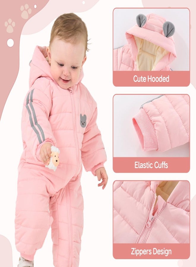 JiAmy Infant Snowsuit Baby Hooded Winter Clothes Baby Bear Outfit Zipper Romper Jumpsuit Pink 9-12 Months - Image 3