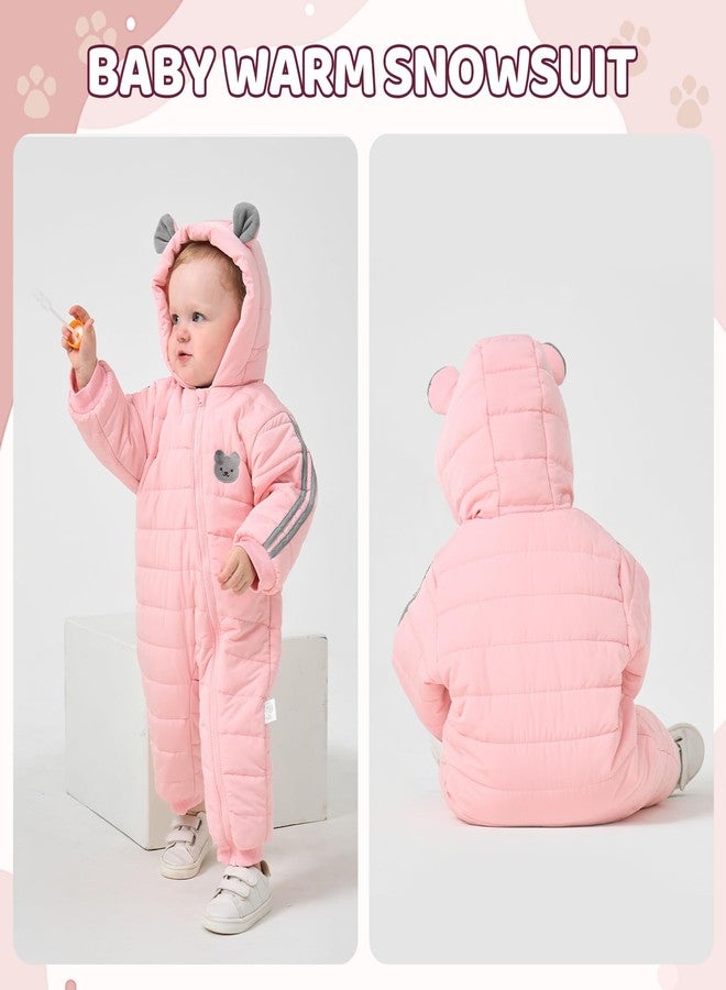 JiAmy Infant Snowsuit Baby Hooded Winter Clothes Baby Bear Outfit Zipper Romper Jumpsuit Pink 9-12 Months - Image 2