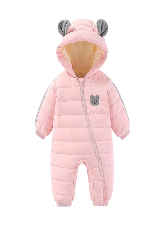 JiAmy Infant Snowsuit Baby Hooded Winter Clothes Baby Bear Outfit Zipper Romper Jumpsuit Pink 9-12 Months - Image 1