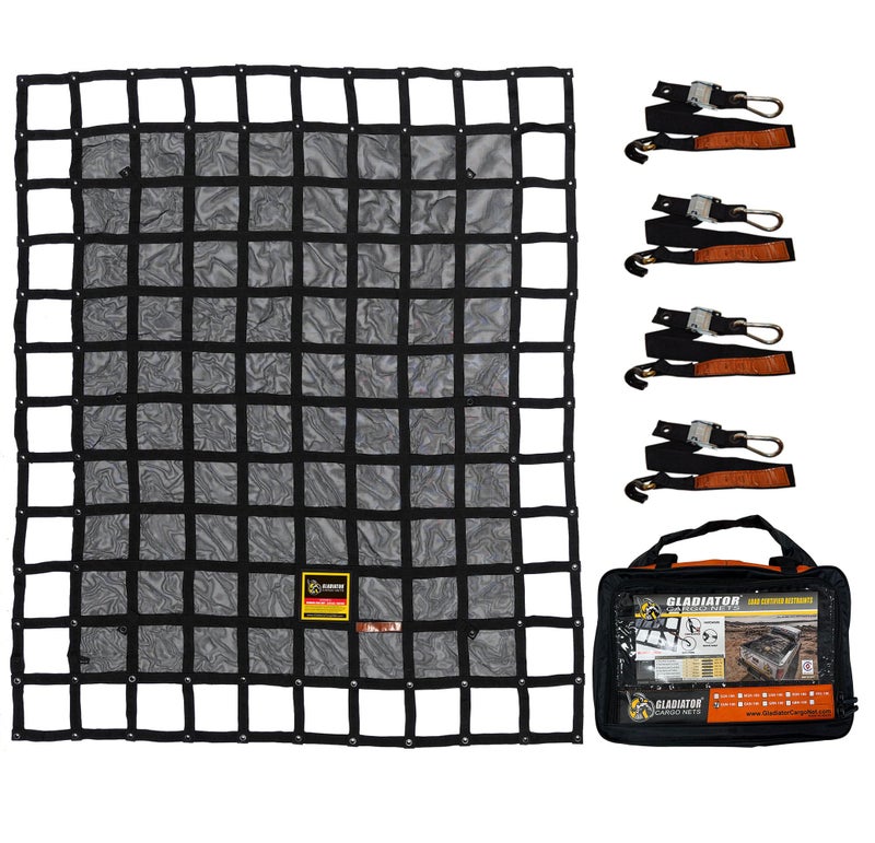 GLADIATOR CARGO NETS Heavy Duty Cargo Net Truck Accessory Cargo Carrier Truck Organizer MediumTrailerPickupBoatJeepSUVCampingWLL 1500 lbs MGN100 675 x 8 ft