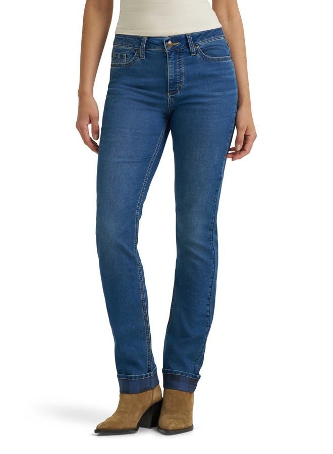 LEE Women's Legendary Mid Rise Straight Leg Jean, Mid Limbo - Plaid Fleece Lined, 6 - Image 1