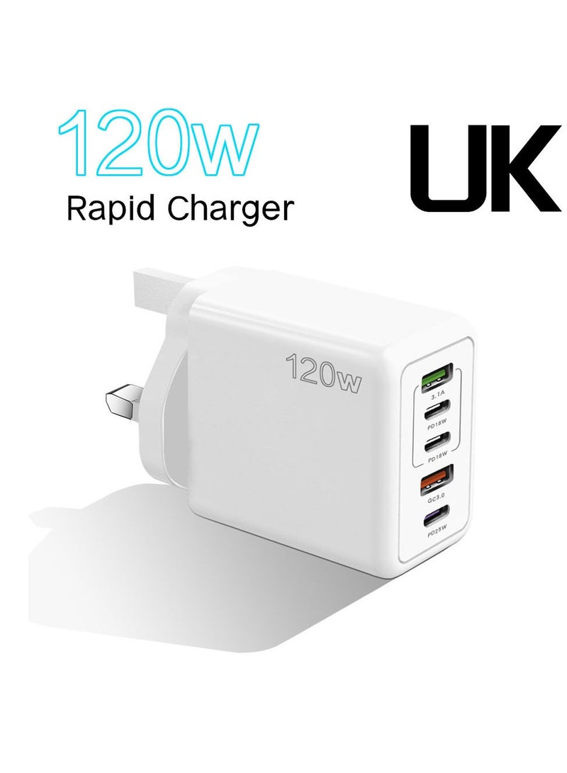 UK Plug 120W Fast Charging 5 Ports Multi-functional Charger Adapter for Mobile Phone Travel Power Adapter White - Image 2