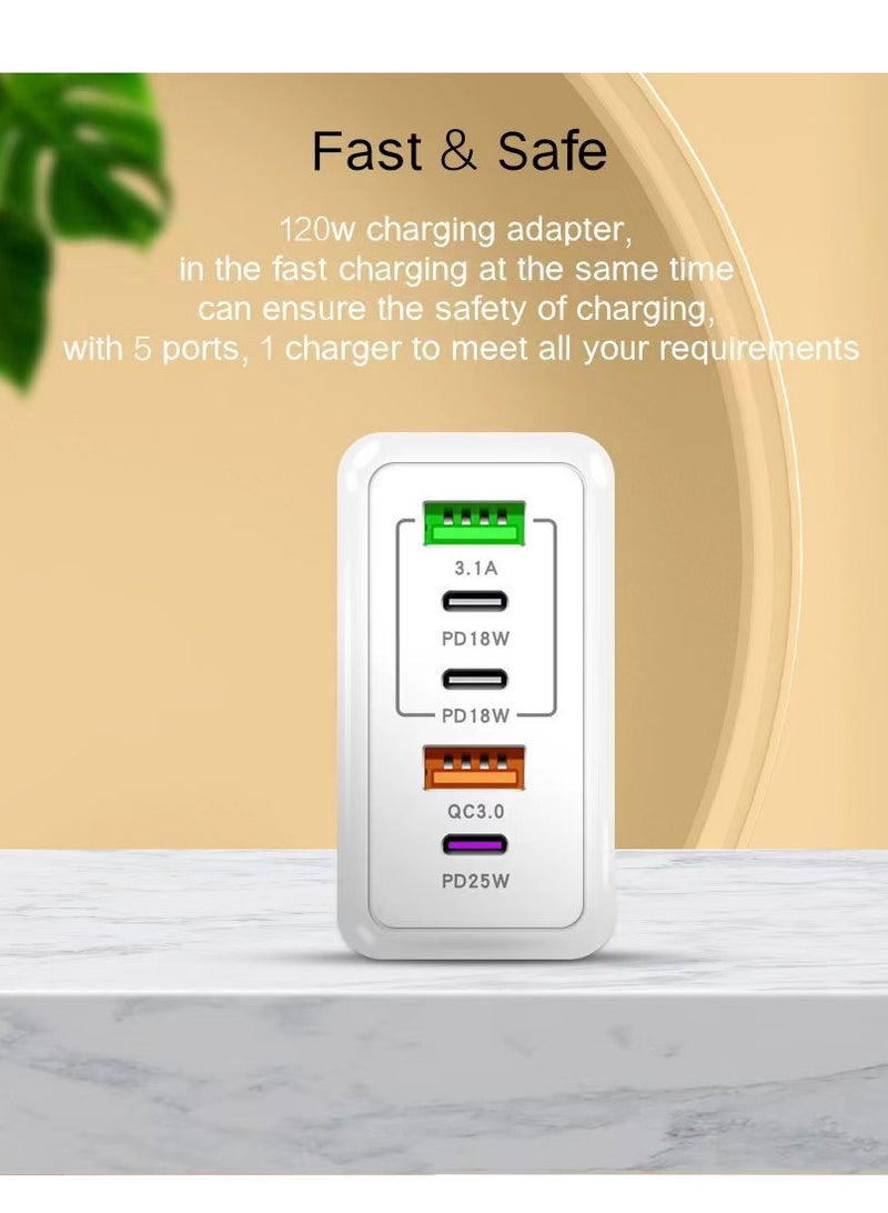 UK Plug 120W Fast Charging 5 Ports Multi-functional Charger Adapter for Mobile Phone Travel Power Adapter White - Image 3