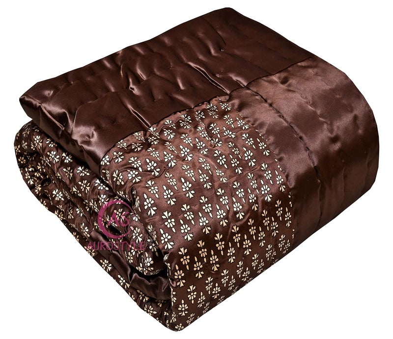 AUROSTYLE AUROSTYLE Rajasthani Cotton Filled Light Weight Silk Soft Jaipuri AC QuiltRazai Dohar Over All Floral Print Design with Gold Print Quilts Blankets for Home Brown Butti Print Double Bed - Image 1