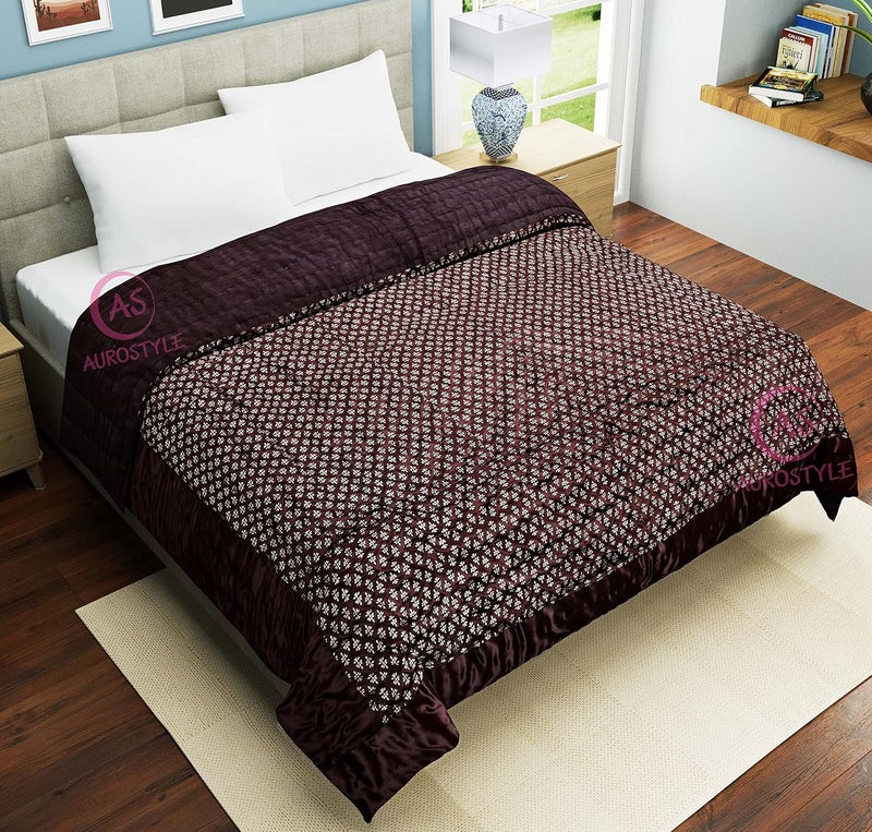 AUROSTYLE AUROSTYLE Rajasthani Cotton Filled Light Weight Silk Soft Jaipuri AC QuiltRazai Dohar Over All Floral Print Design with Gold Print Quilts Blankets for Home Brown Butti Print Double Bed - Image 2