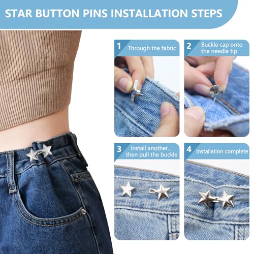 ROPAKED 16 Sets Buttons Pins for Loose Jeans Pant Waist Tightener No Sew Jeans Button Replacement, Reusable Waist Cincher Clip Adjustable Pants Button Tightener Metal Star Brooch for Clothing - Image 4