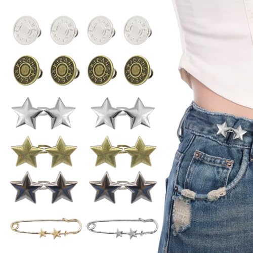 ROPAKED 16 Sets Buttons Pins for Loose Jeans Pant Waist Tightener No Sew Jeans Button Replacement, Reusable Waist Cincher Clip Adjustable Pants Button Tightener Metal Star Brooch for Clothing - Image 1