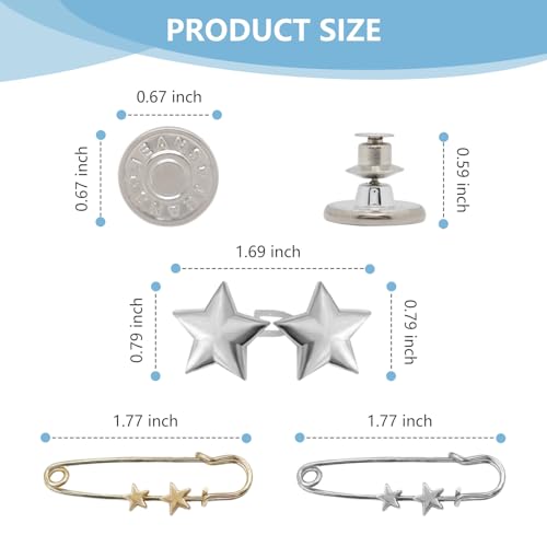 ROPAKED 16 Sets Buttons Pins for Loose Jeans Pant Waist Tightener No Sew Jeans Button Replacement, Reusable Waist Cincher Clip Adjustable Pants Button Tightener Metal Star Brooch for Clothing - Image 5