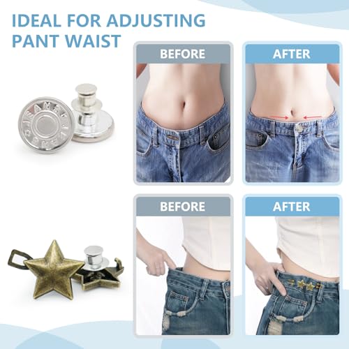 ROPAKED 16 Sets Buttons Pins for Loose Jeans Pant Waist Tightener No Sew Jeans Button Replacement, Reusable Waist Cincher Clip Adjustable Pants Button Tightener Metal Star Brooch for Clothing - Image 2