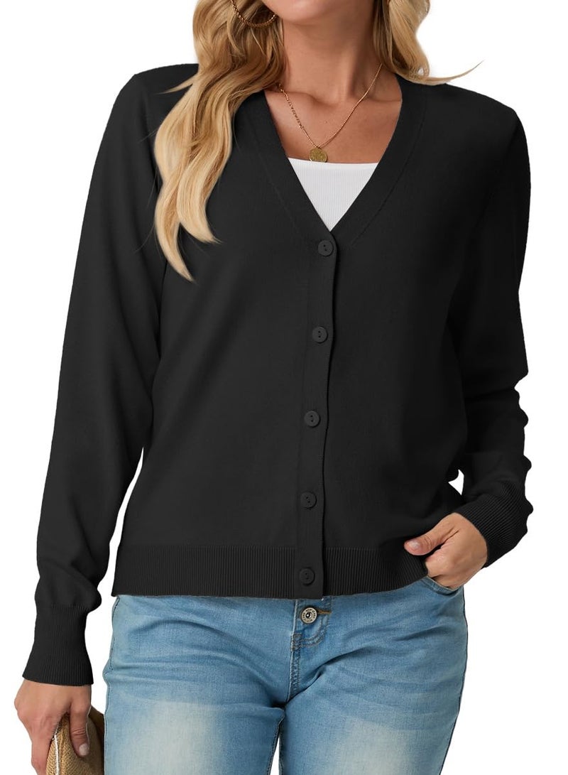 GRECERELLE Womens Black Lightweight Open Front Long Sleeve Casual Button Down V-Neck Sweater, XL - Image 3