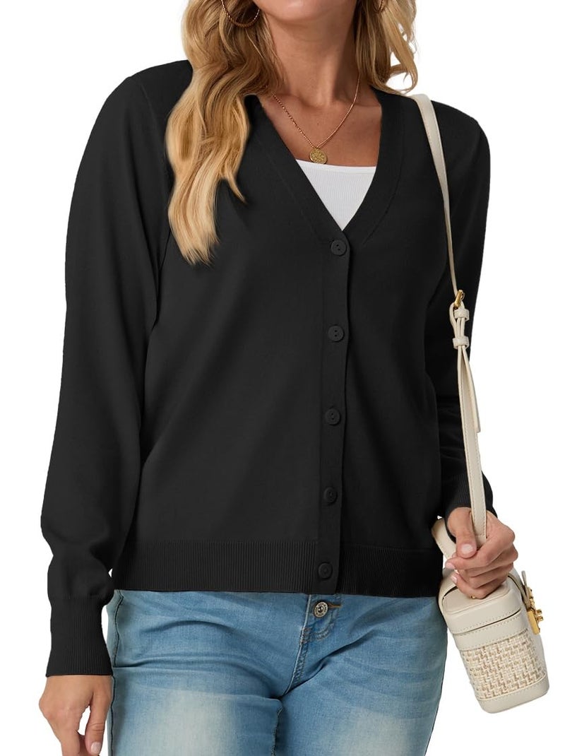 GRECERELLE Womens Black Lightweight Open Front Long Sleeve Casual Button Down V-Neck Sweater, XL - Image 4