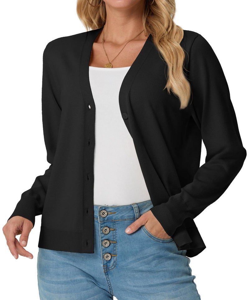 GRECERELLE Womens Black Lightweight Open Front Long Sleeve Casual Button Down V-Neck Sweater, XL - Image 1