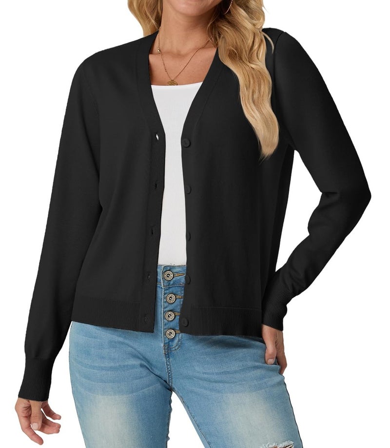 GRECERELLE Womens Black Lightweight Open Front Long Sleeve Casual Button Down V-Neck Sweater, XL - Image 2