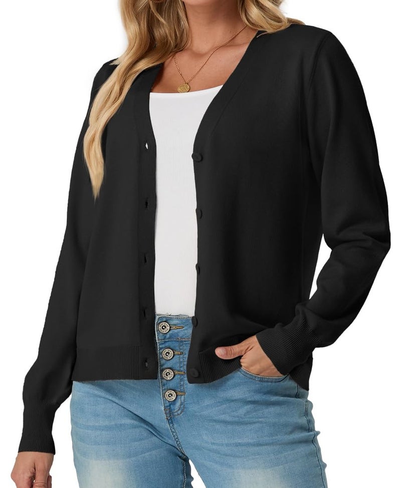 GRECERELLE Womens Black Lightweight Open Front Long Sleeve Casual Button Down V-Neck Sweater, XL - Image 5