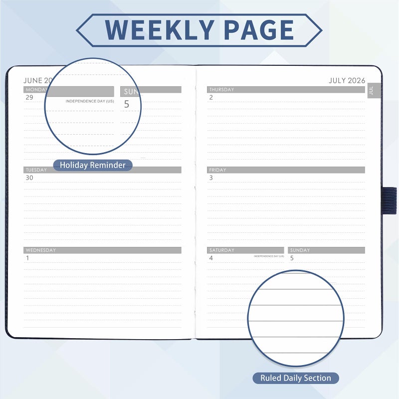Libroter 2026-2027 Planner - Academic Planner 2026-2027 Weekly Monthly Planner, July 2026 - June 2027, 5.7'' x 8.4'', Thick Paper, Leather Cover, Pen Holder, Back Pocket, Perfect Daily Organizer - Navy Blue - Image 3