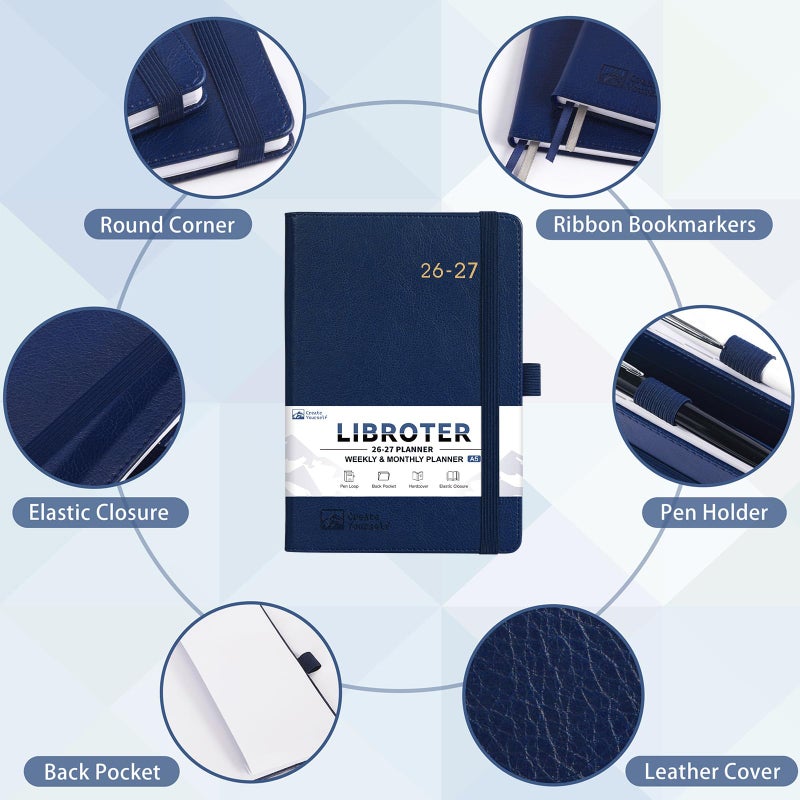 Libroter 2026-2027 Planner - Academic Planner 2026-2027 Weekly Monthly Planner, July 2026 - June 2027, 5.7'' x 8.4'', Thick Paper, Leather Cover, Pen Holder, Back Pocket, Perfect Daily Organizer - Navy Blue - Image 4