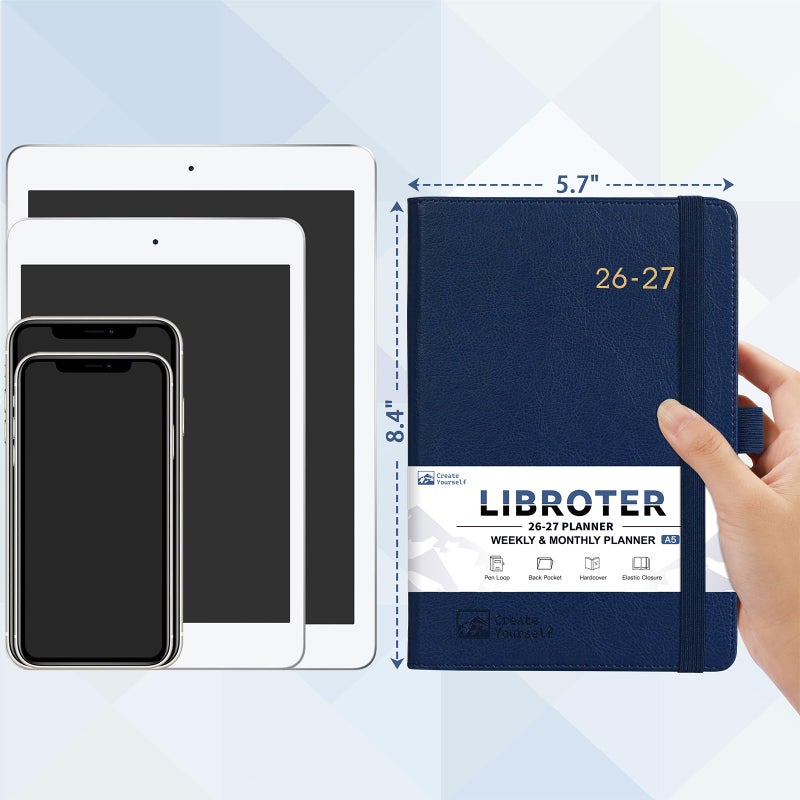 Libroter 2026-2027 Planner - Academic Planner 2026-2027 Weekly Monthly Planner, July 2026 - June 2027, 5.7'' x 8.4'', Thick Paper, Leather Cover, Pen Holder, Back Pocket, Perfect Daily Organizer - Navy Blue - Image 2