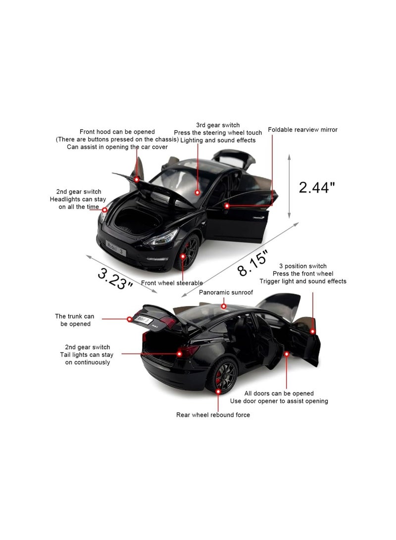 سيارة لعبة تيسلا موديل 3 مصبوبة بمقياس 1:24 للأطفال، أبواب أجنحة النورس، سيارة سبائك سحب للخلف مع إضاءة وموسيقى، هدية للأولاد والبنات - Image 2