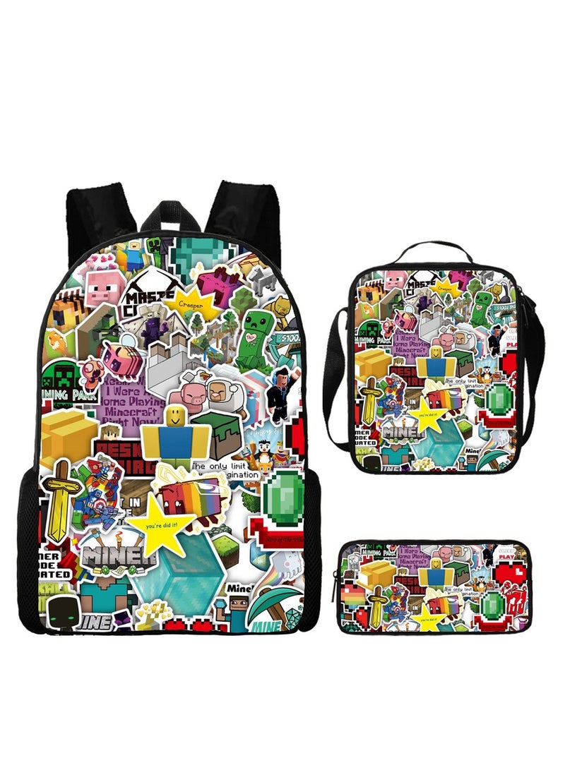 ماين كرافت حقيبة ظهر ذات طباعة رقمية ذات سعة كبيرة، مجموعة من ثلاث قطع، حقيبة غداء، حقيبة قلم، بوليستر، حقيبة ظهر مريحة لتقليل الحمل للطلاب والأطفال للجنسين - Image 1