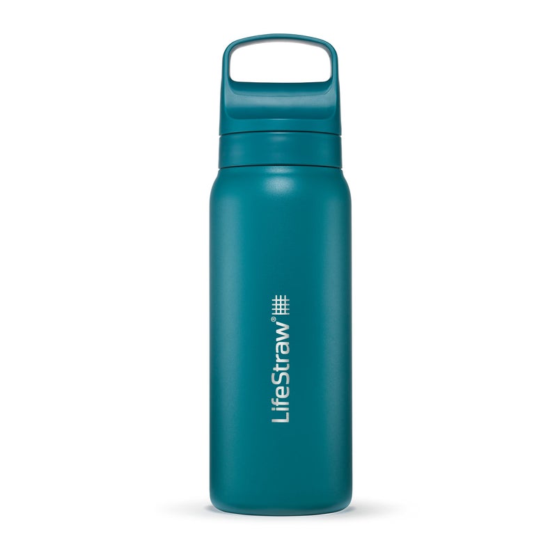 LifeStraw Go Series Insulated Stainless Steel Water Filter Bottle for Travel and Everyday Use Removes Bacteria Parasites and Microplastics Improves Taste 24oz Laguna Teal
