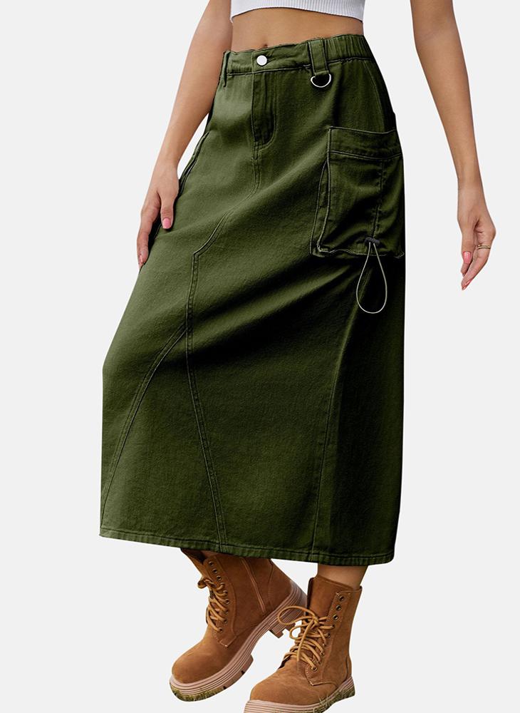 YUNIQEE Green Mid Rise Plain Midi Skirt - Image 1