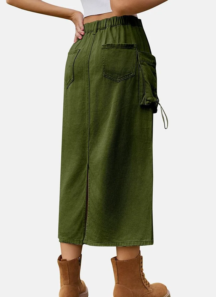 YUNIQEE Green Mid Rise Plain Midi Skirt