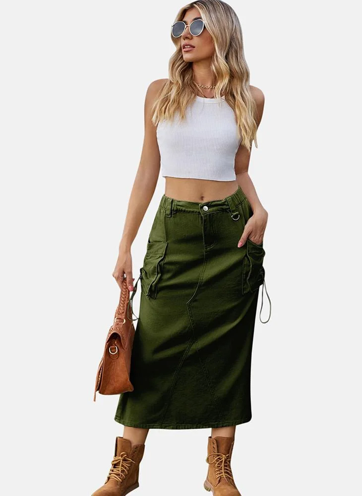 YUNIQEE Green Mid Rise Plain Midi Skirt