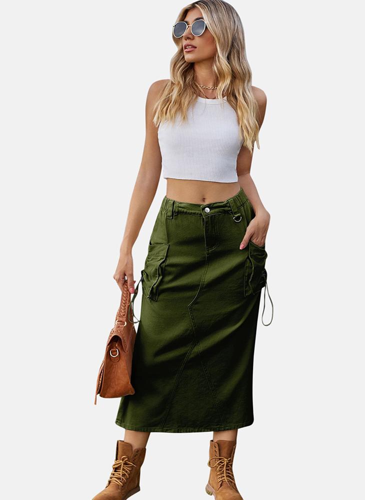 YUNIQEE Green Mid Rise Plain Midi Skirt - Image 4