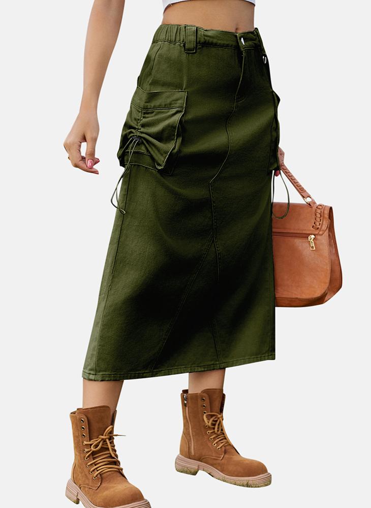 YUNIQEE Green Mid Rise Plain Midi Skirt - Image 2