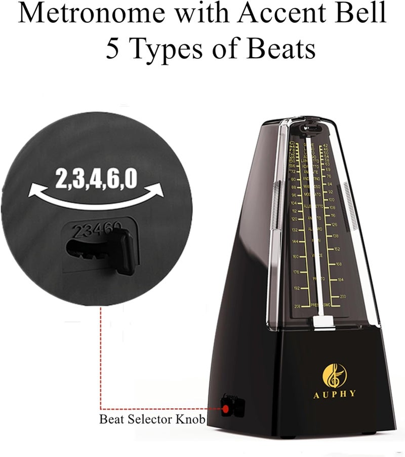 AUPHY Store Mechanical Metronome with Accent Bell, Classic Shape, Accurate Beat, Multiple Beat Modes, Suitable for Piano Guitar Drums Violin Saxophone etc(Black) - Image 3