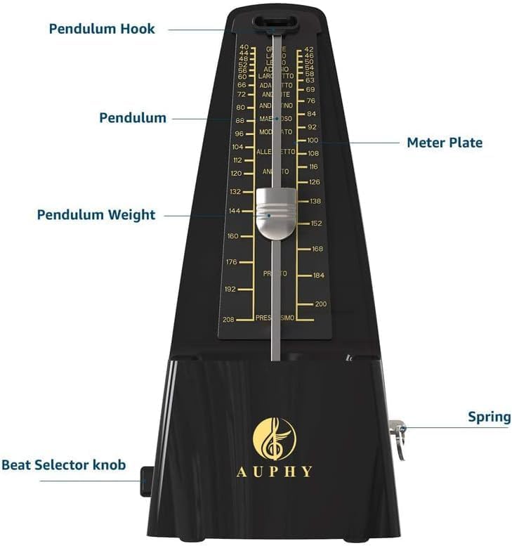AUPHY Store Mechanical Metronome with Accent Bell, Classic Shape, Accurate Beat, Multiple Beat Modes, Suitable for Piano Guitar Drums Violin Saxophone etc(Black) - Image 2