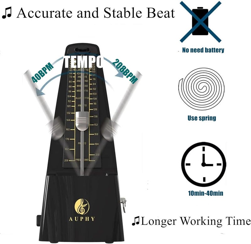 AUPHY Store Mechanical Metronome with Accent Bell, Classic Shape, Accurate Beat, Multiple Beat Modes, Suitable for Piano Guitar Drums Violin Saxophone etc(Black) - Image 5