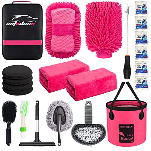 AUTODECO 22Pcs Car Wash Cleaning Tools Kit Car Detailing Set with Canvas Bag Pink Collapsible Bucket Wash Mitt Sponge Towels Tire Brush Window Scraper Duster Complete Interior Car Care Kit - Image 1