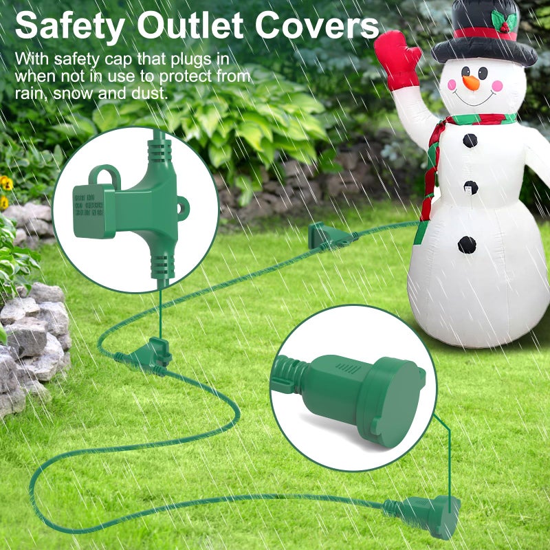 NARUBY 50FT Long Green Extension Cord 3 Outlets for Christmas Inflatables Blow Ups Yard Outdoor Outside Decorations Extension Cords with Multiple Outlets Plugs Cover Splitter Waterproof for Christmas Lights - Image 5