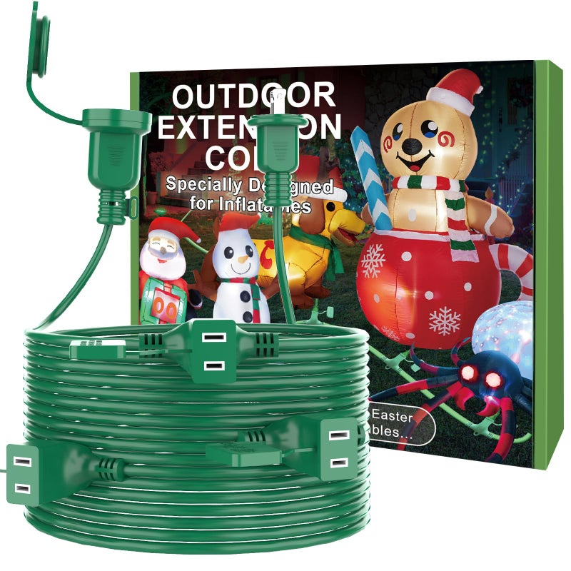 NARUBY 50FT Long Green Extension Cord 3 Outlets for Christmas Inflatables Blow Ups Yard Outdoor Outside Decorations Extension Cords with Multiple Outlets Plugs Cover Splitter Waterproof for Christmas Lights - Image 1