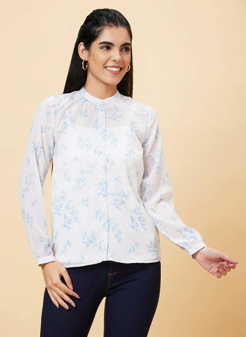globus Globus Women White Floral Printed Mandarin Collar Georgette Shirt Style Top