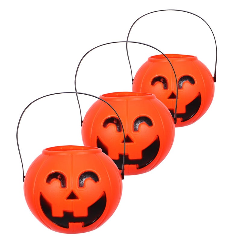 Halloween Pumpkin Candy Buckets 3 Pack Orange Plastic With Handle 7.08x5.51 Inch - Image 2