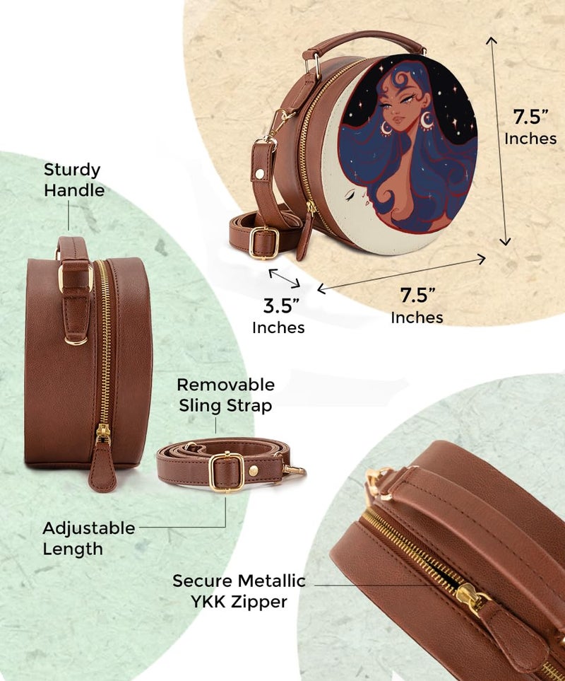 Kalankit Round Sling Bag for Women | Lightweight Vegan Leather Crossbody | Stylish Compact Purse | Crossbody Bags for Women | Valentine Gift for Girlfriend | Moon Child - Image 2