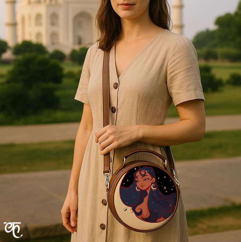 Kalankit Round Sling Bag for Women | Lightweight Vegan Leather Crossbody | Stylish Compact Purse | Crossbody Bags for Women | Valentine Gift for Girlfriend | Moon Child - Image 5