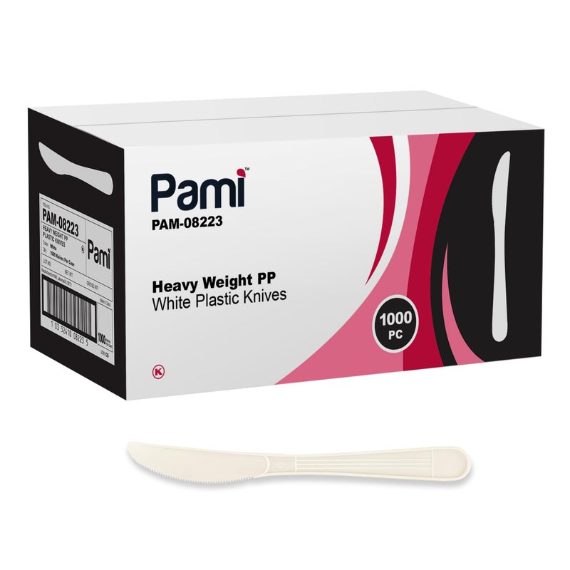 PAMI 1000Pack Durable Heavy Weight Disposable Plastic Cutlery for Parties Weddings Catering Knives Regular White