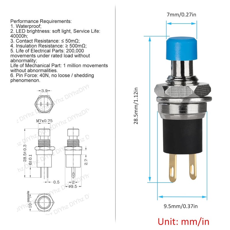 DIYhz 5Pcs Self Locking SPST Latching Type Dash ON/Off Blue Push Button Switch AC 250V/3A - Image 3