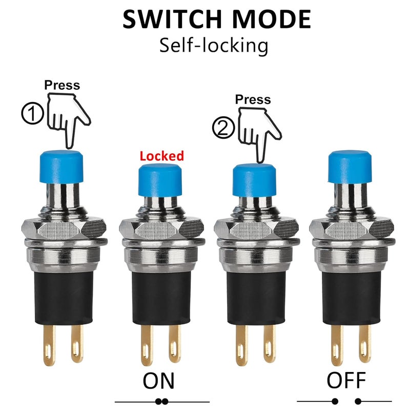 DIYhz 5Pcs Self Locking SPST Latching Type Dash ON/Off Blue Push Button Switch AC 250V/3A - Image 4