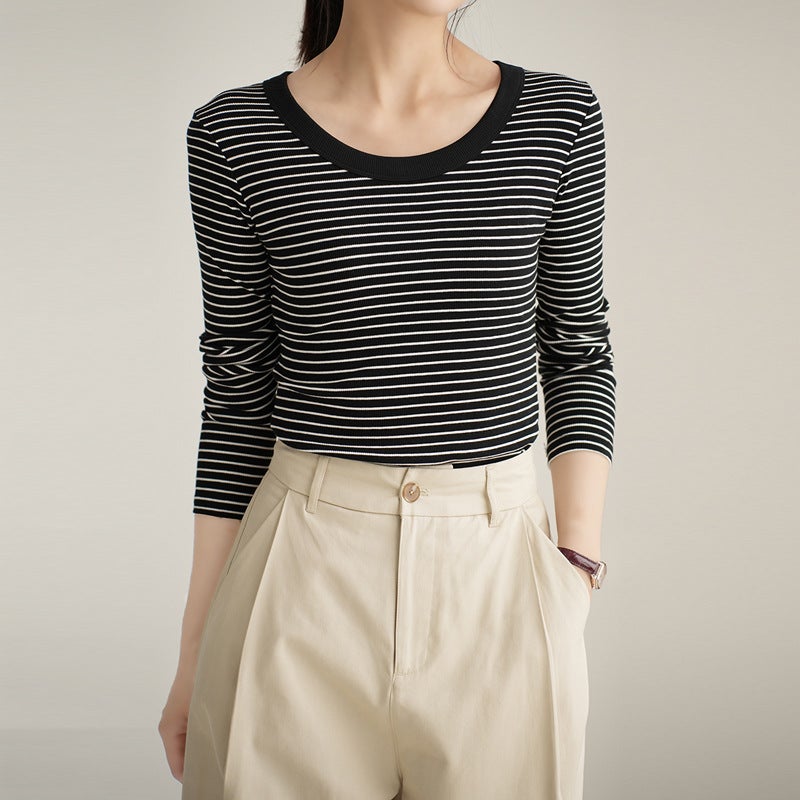 High-Quality Pure Cotton T-Shirt Women's Long-Sleeved Stripesd Bottoming Shirt 2025 Autum New Round Neck Slim Fit Versatile Top - Image 1