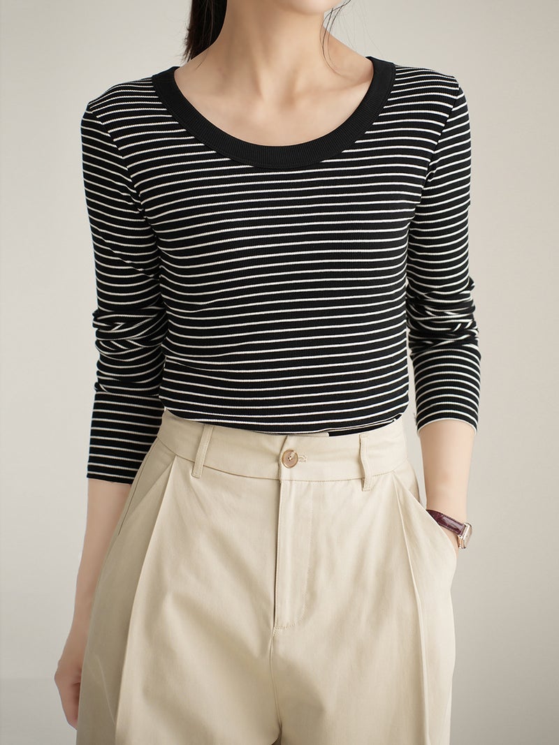 High-Quality Pure Cotton T-Shirt Women's Long-Sleeved Stripesd Bottoming Shirt 2025 Autum New Round Neck Slim Fit Versatile Top - Image 3