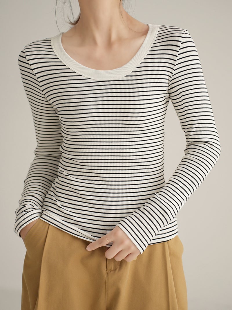 High-Quality Pure Cotton T-Shirt Women's Long-Sleeved Stripesd Bottoming Shirt 2025 Autum New Round Neck Slim Fit Versatile Top - Image 4