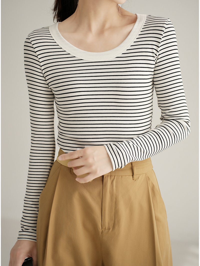 High-Quality Pure Cotton T-Shirt Women's Long-Sleeved Stripesd Bottoming Shirt 2025 Autum New Round Neck Slim Fit Versatile Top - Image 2