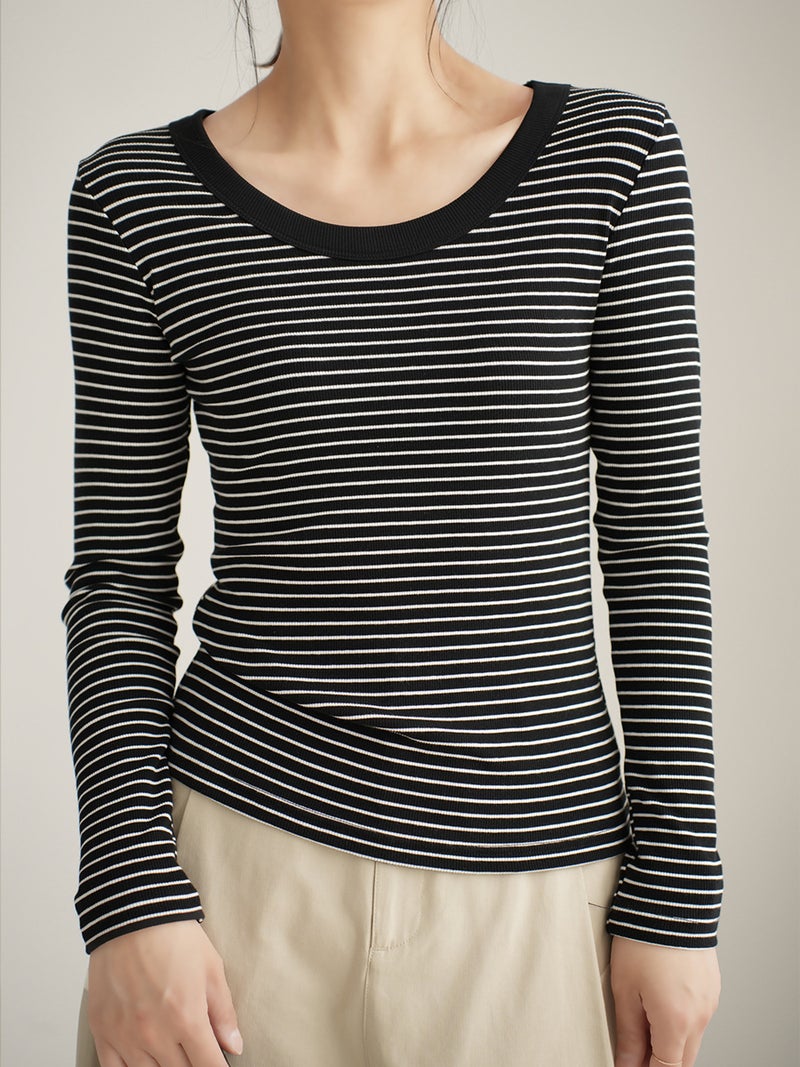 High-Quality Pure Cotton T-Shirt Women's Long-Sleeved Stripesd Bottoming Shirt 2025 Autum New Round Neck Slim Fit Versatile Top - Image 5