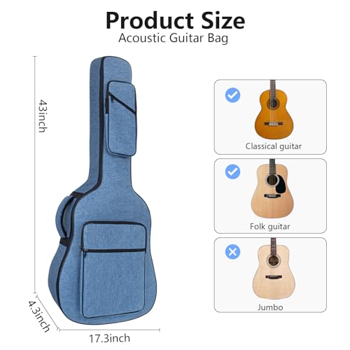 MUZTOP Guitar case, 39 40 41 Inch Acoustic Guitar Bag, 0.45Thick Padding Guitar Gig Bag with Comfortable Handle and Pockets Acoustic Guitar Backpack Case Sofe, Blue - Image 2